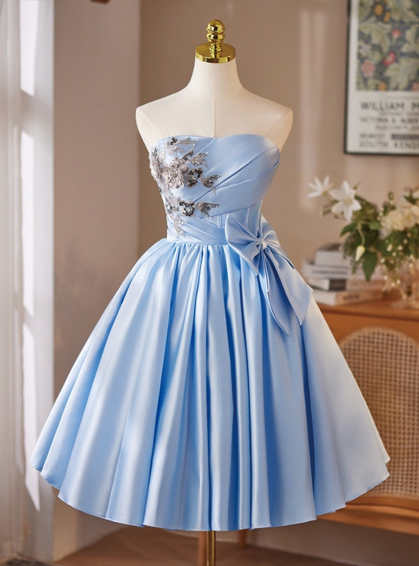 Blue Satin Strapless Sequins Bow Homecoming Dress