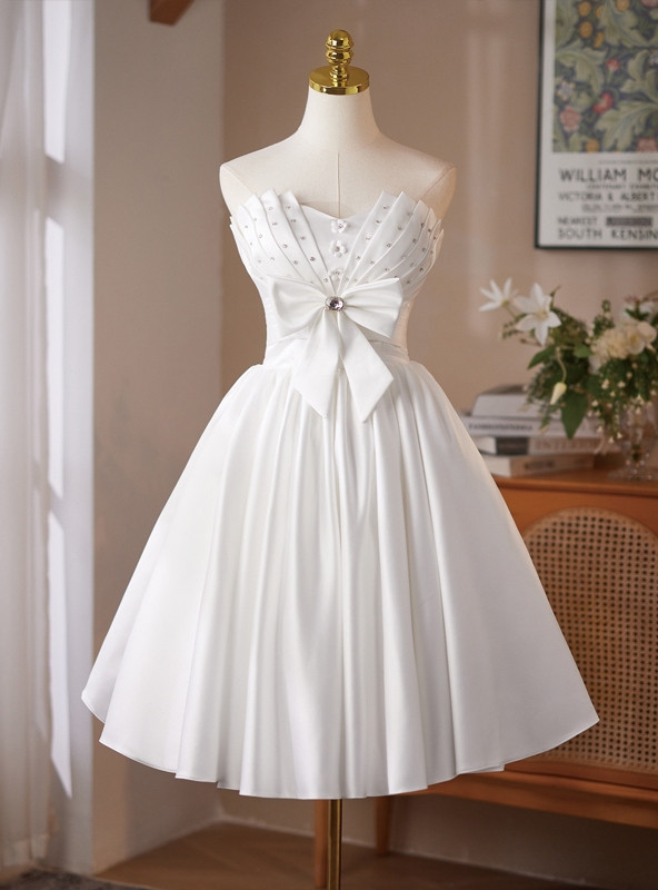White Satin Strapless Pleats Bow Homecoming Dress