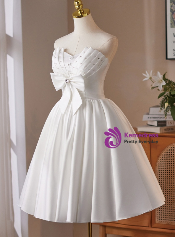 White Satin Strapless Pleats Bow Homecoming Dress