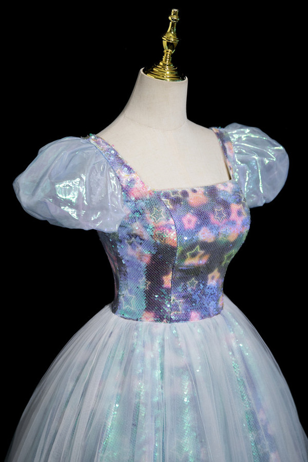 Blue Tulle Sequins Puff Sleeve Homecoming Dress