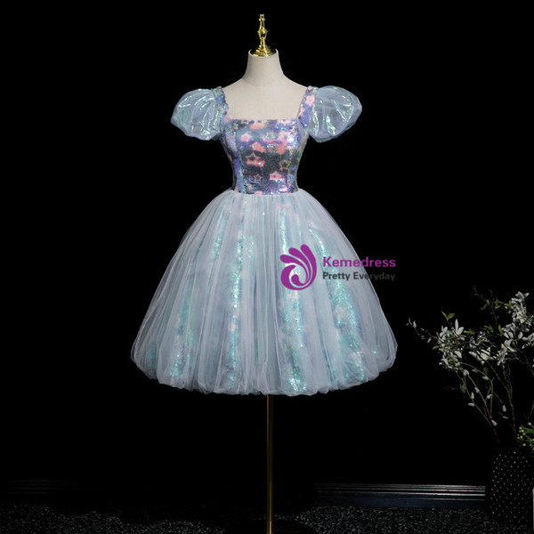 Blue Tulle Sequins Puff Sleeve Homecoming Dress