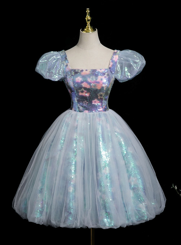 Blue Tulle Sequins Puff Sleeve Homecoming Dress