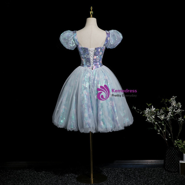 Blue Tulle Sequins Puff Sleeve Homecoming Dress