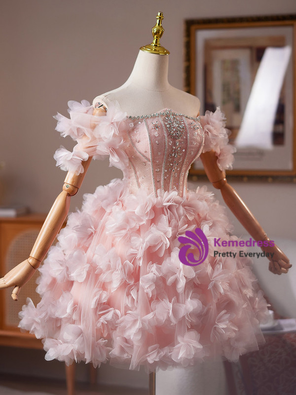 Pink Tulle 3D Flower Beading Crystal Homecoming Dress