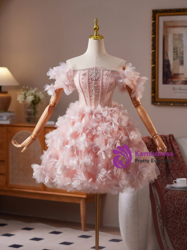 Pink Tulle 3D Flower Beading Crystal Homecoming Dress