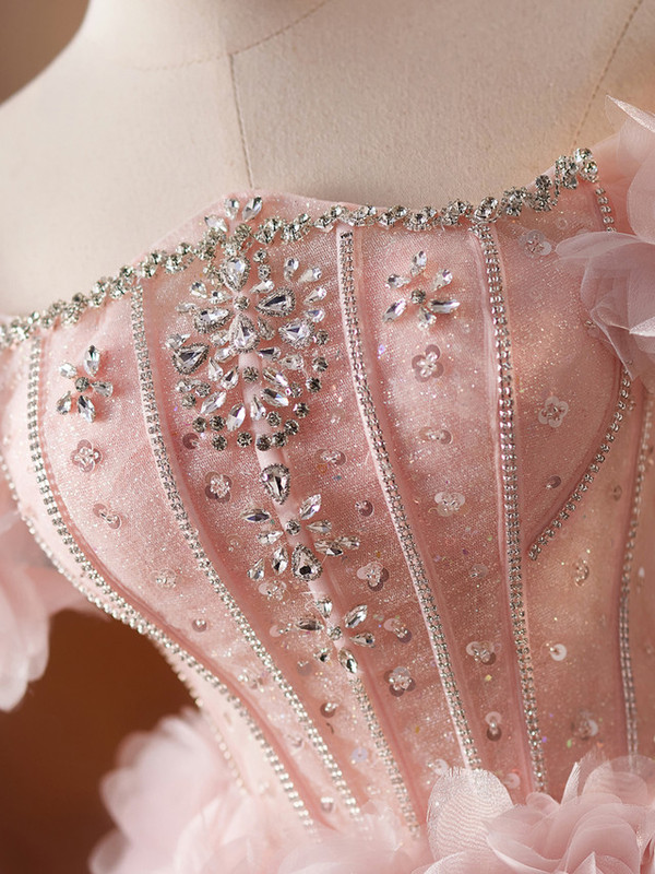 Pink Tulle 3D Flower Beading Crystal Homecoming Dress