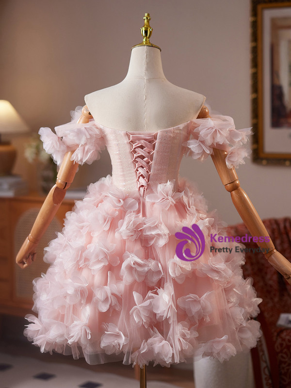 Pink Tulle 3D Flower Beading Crystal Homecoming Dress