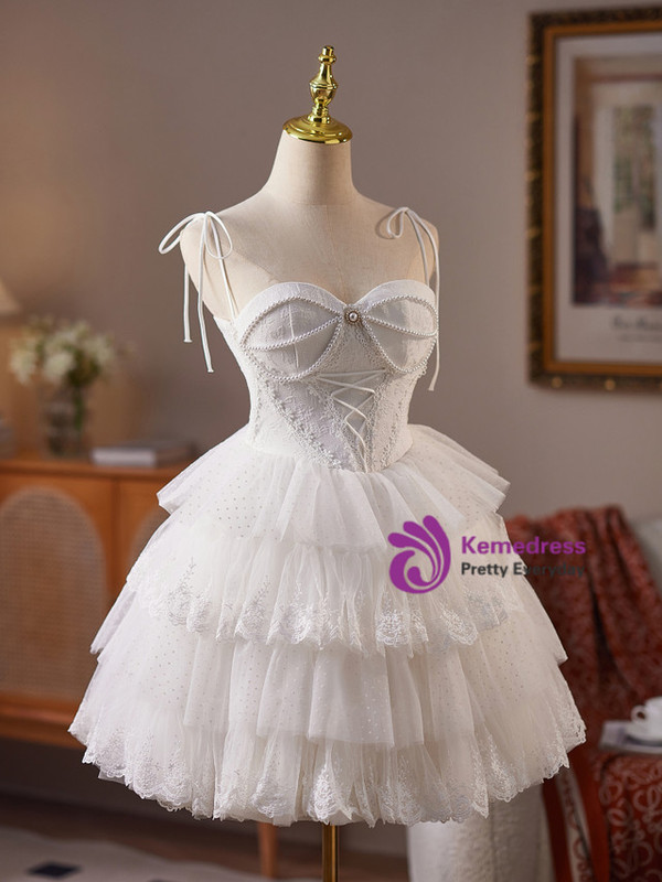 White Tulle Spaghetti Straps Homecoming Dress
