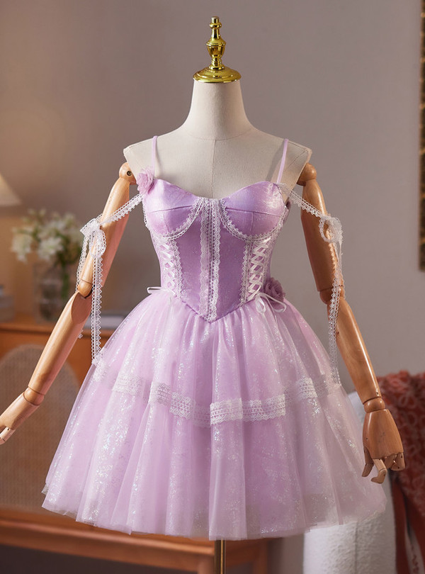Purple Tulle Spaghetti Straps Homecoming Dress