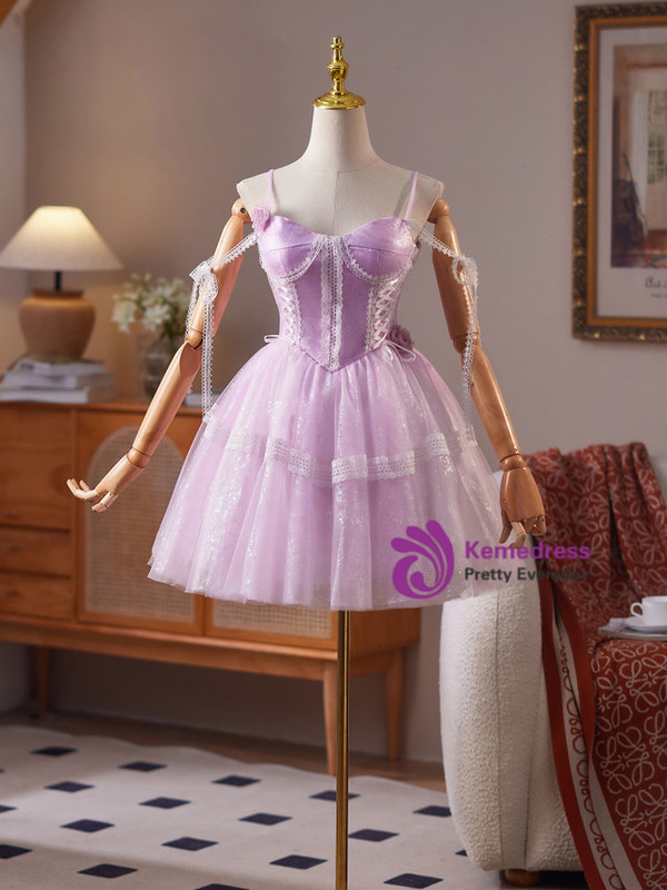 Purple Tulle Spaghetti Straps Homecoming Dress