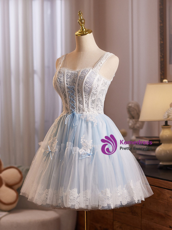 Light Blue Tulle Lace Straps Homecoming Dress