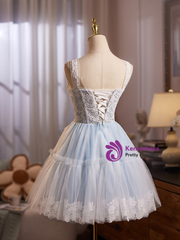 Light Blue Tulle Lace Straps Homecoming Dress
