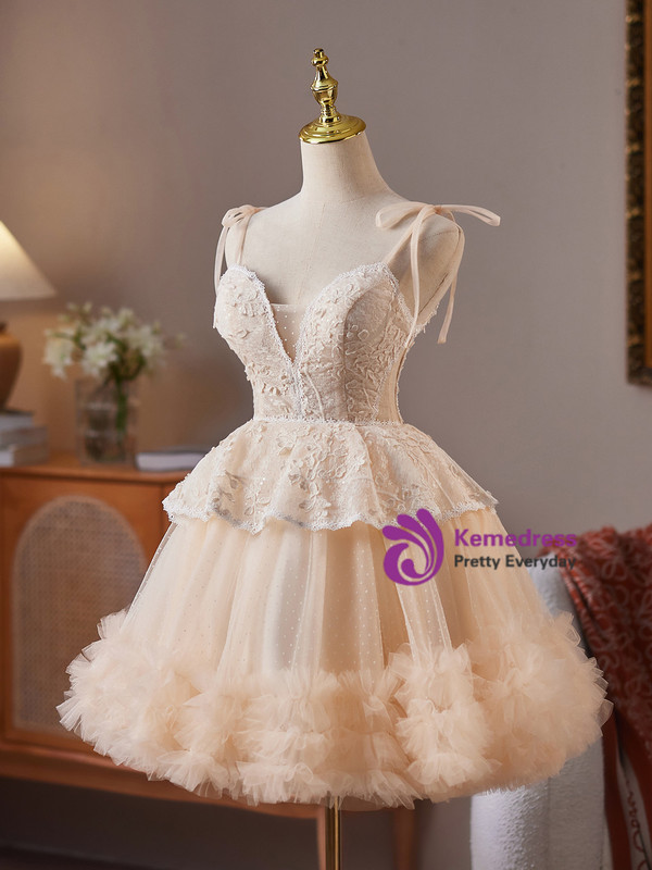 Champagne Tulle Lace Spaghetti Straps Homecoming Dress