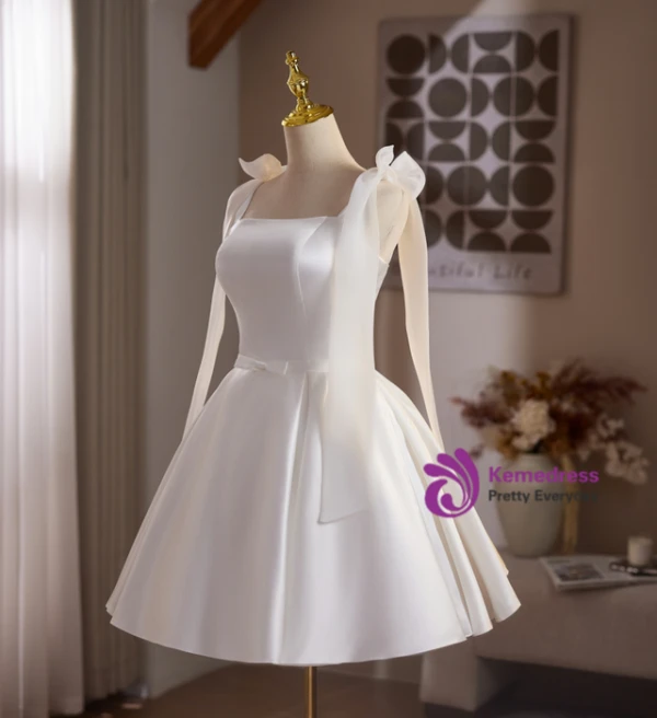 White Satin Straps Flower Homecoming Dress