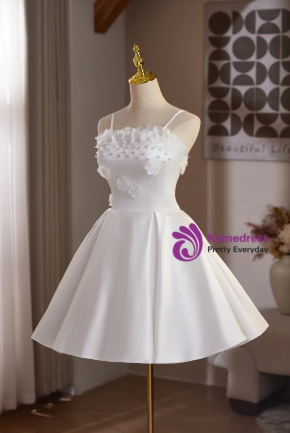White Satin Straps Flower Pearls Homecoming Dress