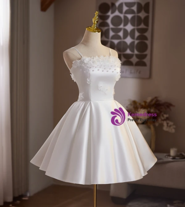 White Satin Straps Flower Pearls Homecoming Dress