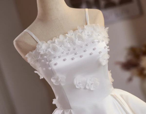 White Satin Straps Flower Pearls Homecoming Dress