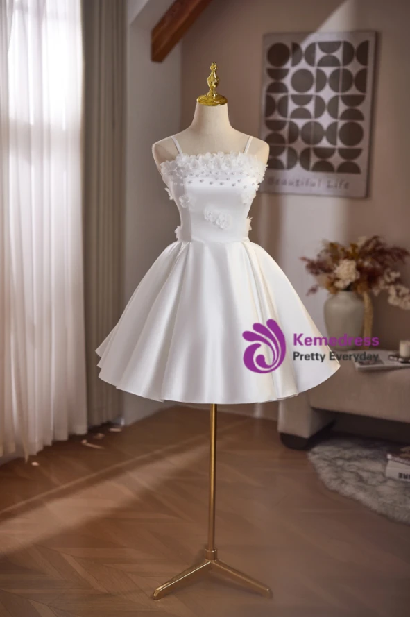 White Satin Straps Flower Pearls Homecoming Dress