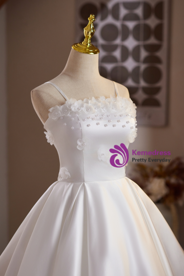 White Satin Straps Flower Pearls Homecoming Dress