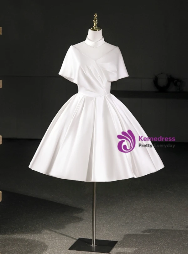 White Satin High Neck Pleats Wedding Dress