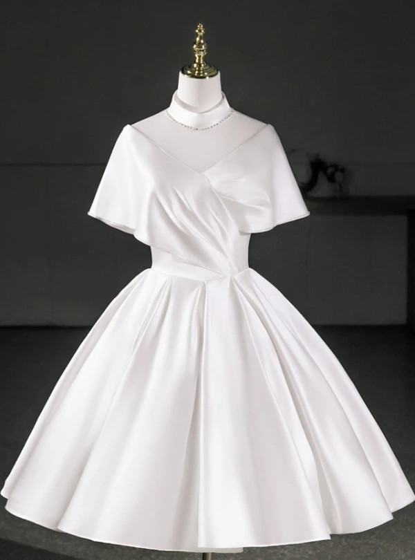 White Satin High Neck Pleats Wedding Dress