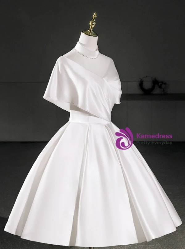 White Satin High Neck Pleats Wedding Dress