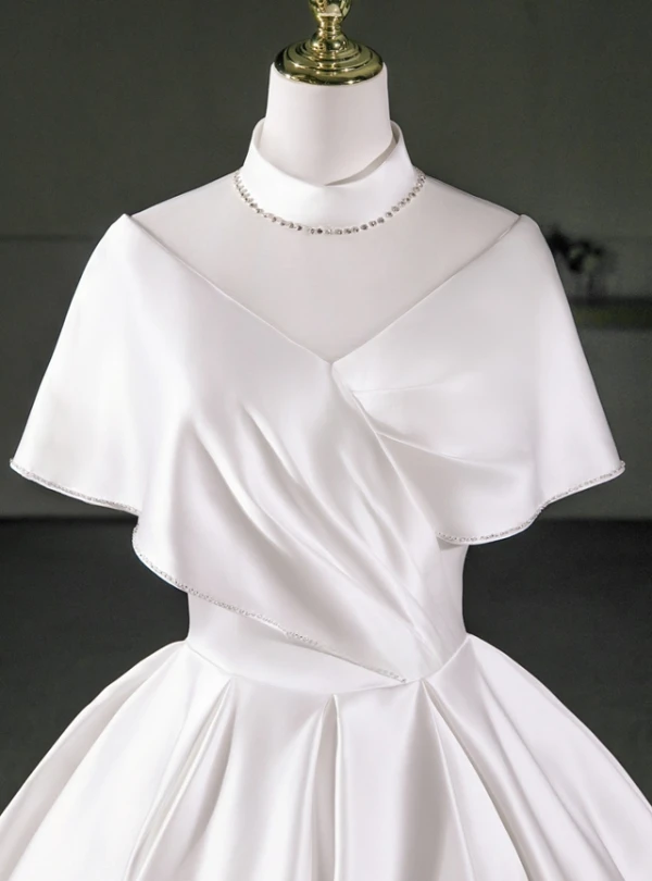 White Satin High Neck Pleats Wedding Dress