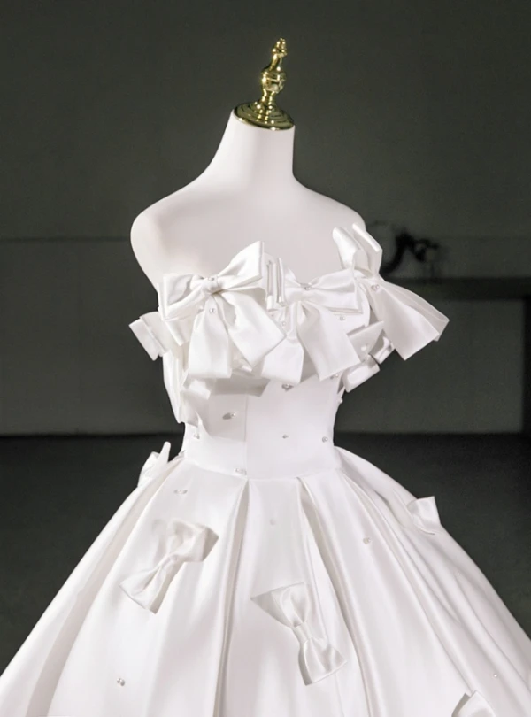 White Satin Strapless Bow Pearls Homecoming Dress