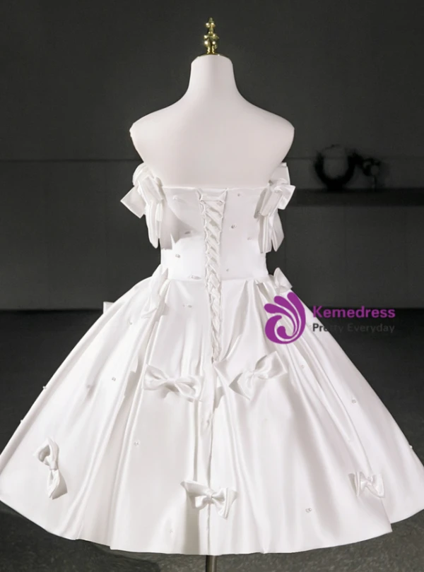 White Satin Strapless Bow Pearls Homecoming Dress