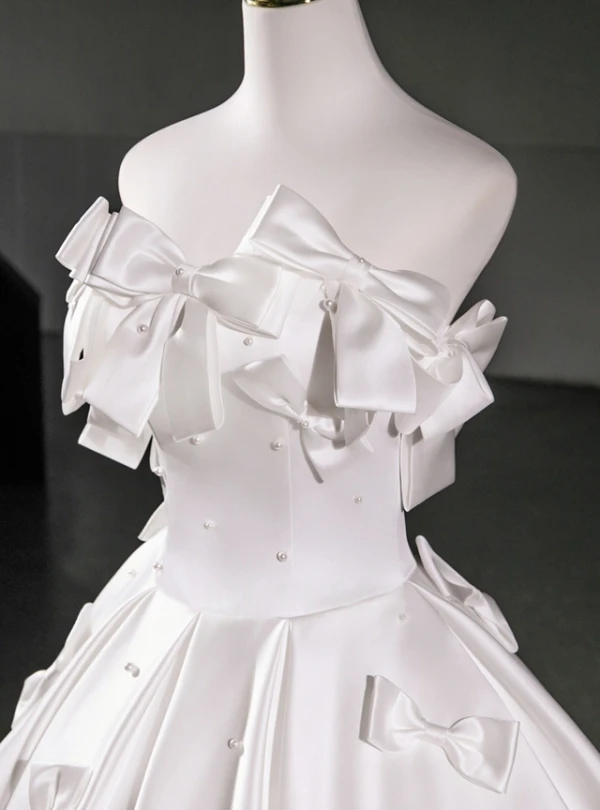 White Satin Strapless Bow Pearls Homecoming Dress