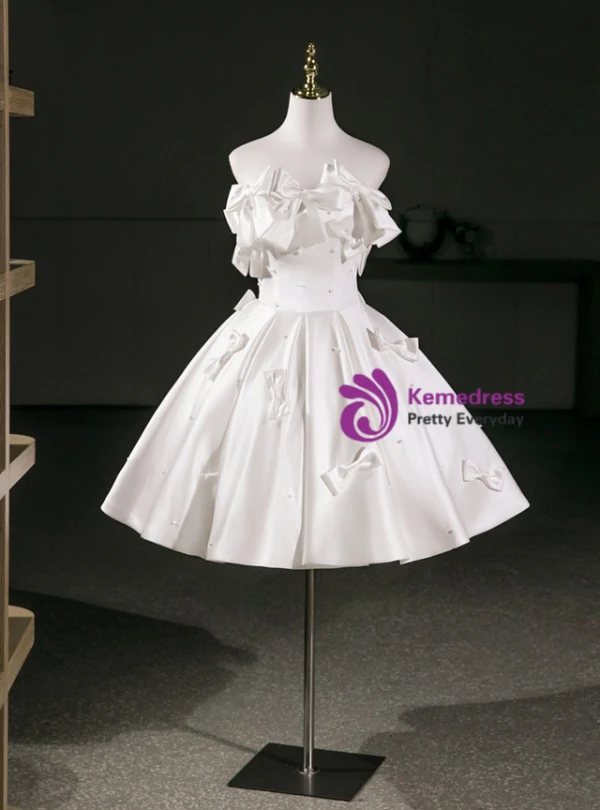 White Satin Strapless Bow Pearls Homecoming Dress