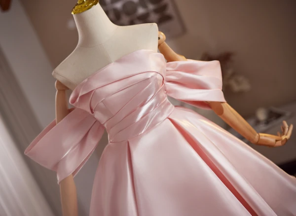 Pink Satin Off the Shoulder Pleats Homecoming Dress
