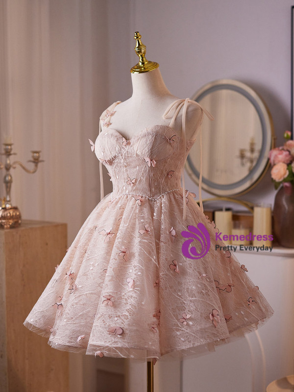 Pink Lace Straps Butterfly Homecoming Dress