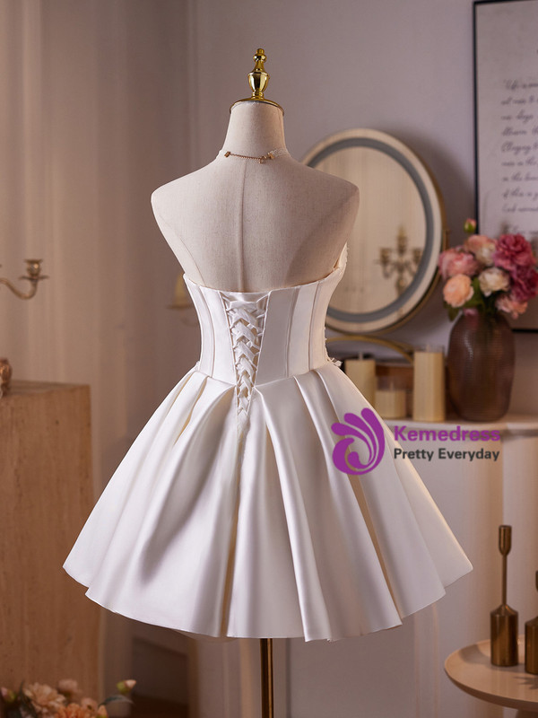 White Satin Strapless Appliques Homecoming Dress