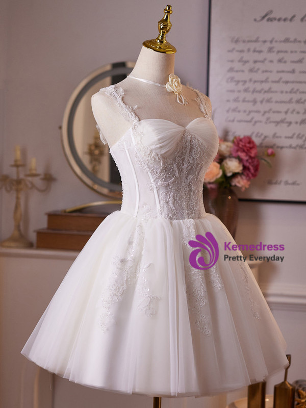 White Tulle Appliques Straps Homecoming Dress