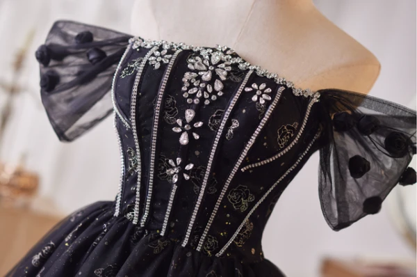 Black Tulle Sequins Off the Shoulder Homecoming Dress