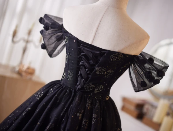 Black Tulle Sequins Off the Shoulder Homecoming Dress