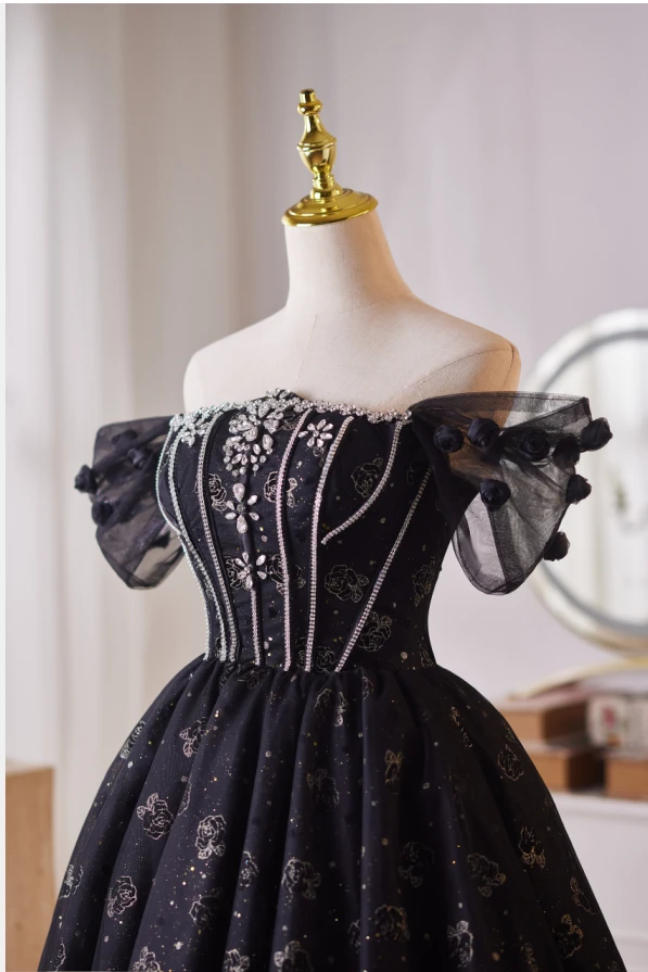 Black Tulle Sequins Off the Shoulder Homecoming Dress