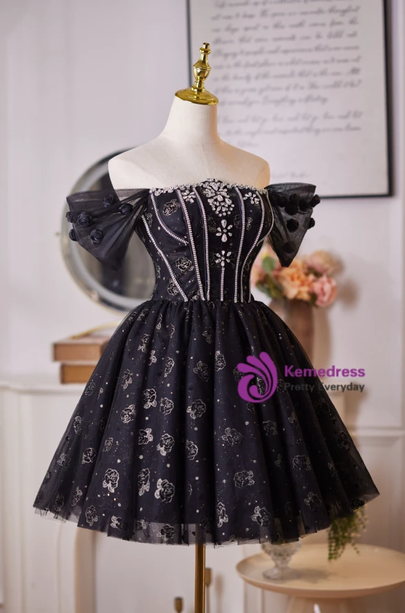 Black Tulle Sequins Off the Shoulder Homecoming Dress