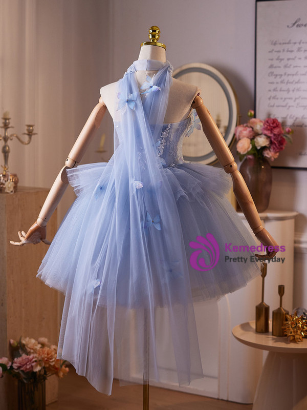Blue Tulle Strapless Butterfly Beading Homecoming Dress