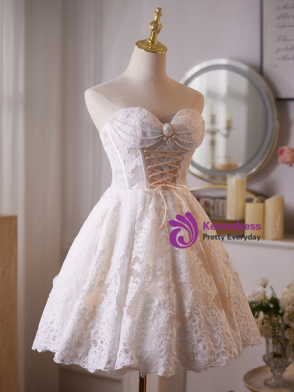 White Lace Strapless Homecoming Dress