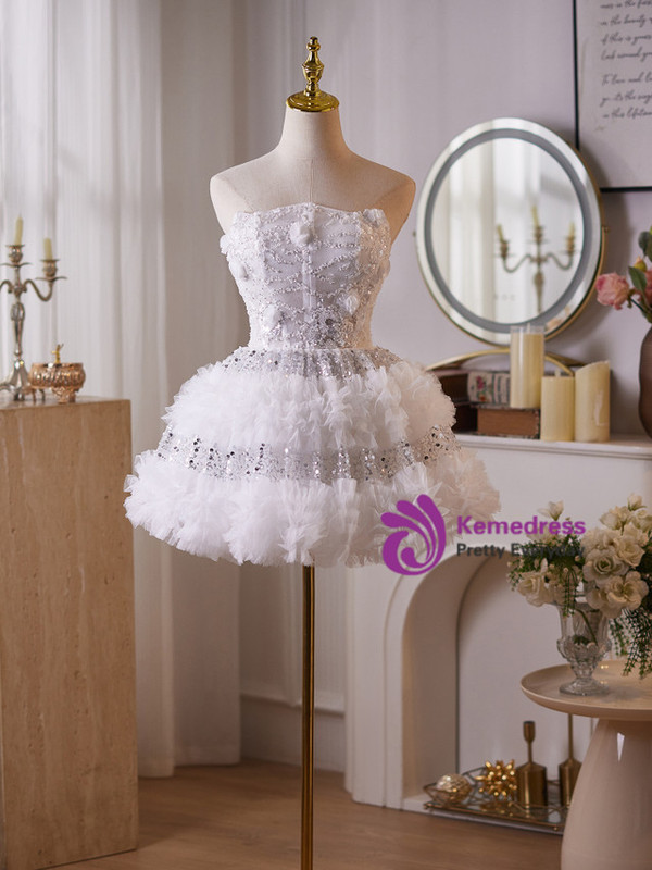 White Tulle Sequins Beading Homecoming Dress