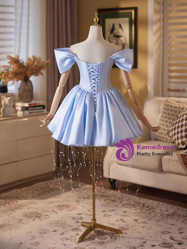 Blue Satin Beading Homecoming Dress