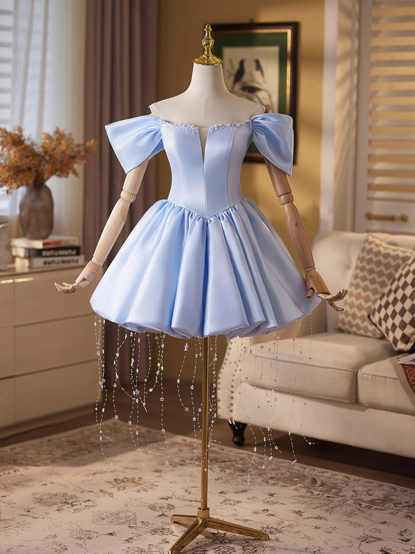 Blue Satin Beading Homecoming Dress