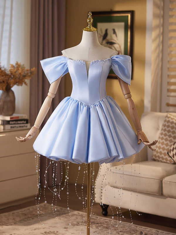 Blue Satin Beading Homecoming Dress