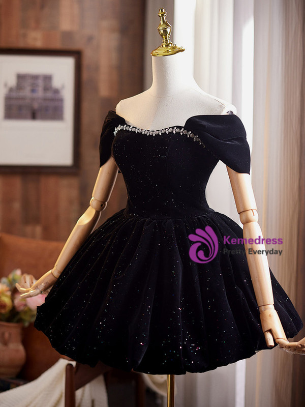 Black Velvet Sequins Crystal Homecoming Dress