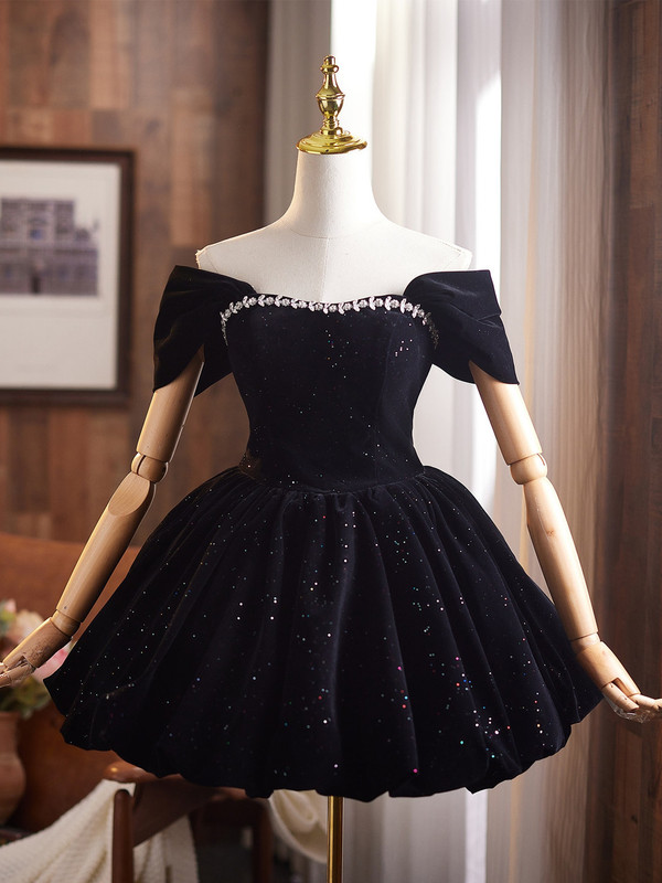 Black Velvet Sequins Crystal Homecoming Dress