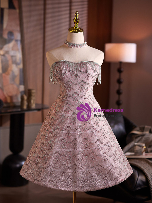 Pink Tulle Sequins Beading Homecoming Dress