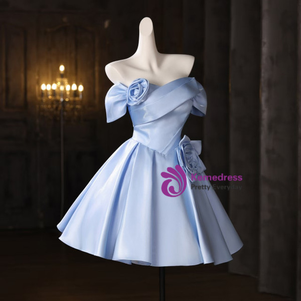 Blue Satin Pleats Flower Homecoming Dress