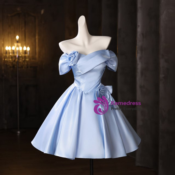 Blue Satin Pleats Flower Homecoming Dress